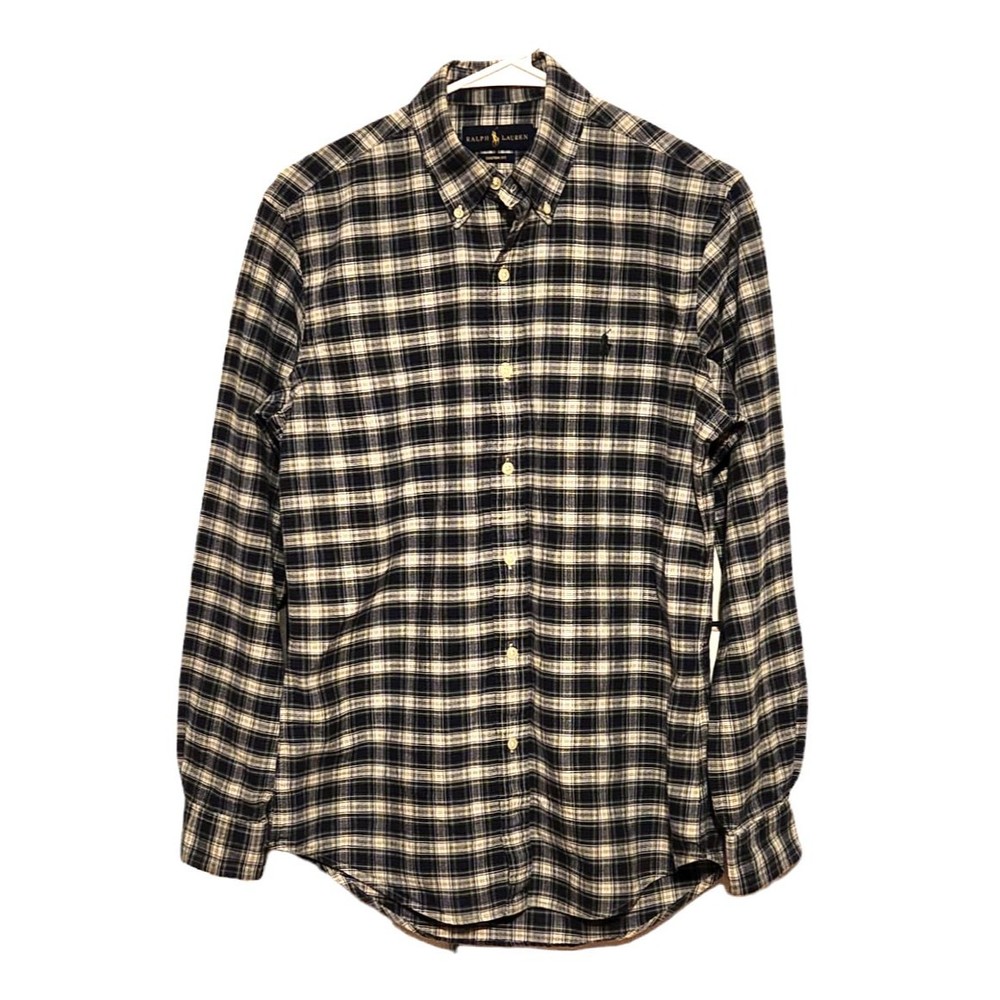 Ralph Lauren Button Down Shirt Custom Fit Blue Green White Plaid Mens Size Small